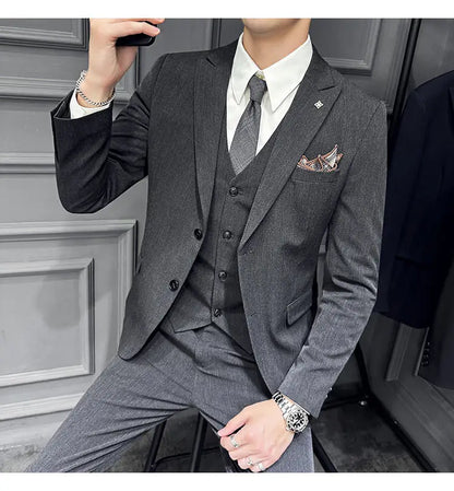 Men's 3 Piece Suit Set Double‑Button Slim Fit Solid Color Business Casual Wedding Party Jacket Vest Pants Formal Outfit for Men