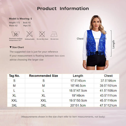 Women's Vest Glitter Tassel Sleeveless Waistcoat V Neck Open Front Shiny Sequins Vests for Jazz Dancing Music Festival Clubwear