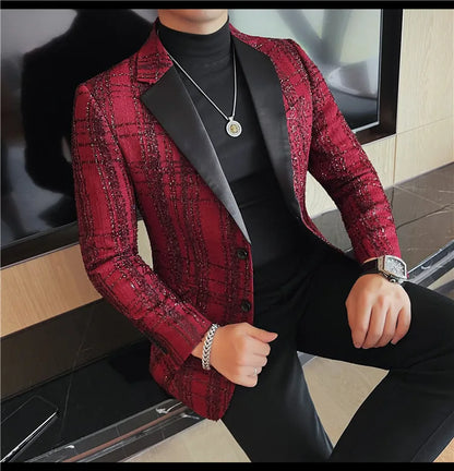 British Style Woven Suit Jacket Men Fashion Plaid Casual Business Blazer Gentleman Versatile Banquet Party Groom Wedding Coats