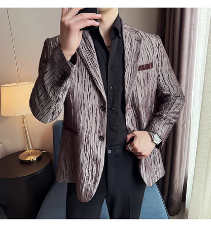 Korean Trend 3D Pleated Suit Jacket for Men Wedding Groom Business Dress Jacket Casual Banquet Party Host Blazer Masculino