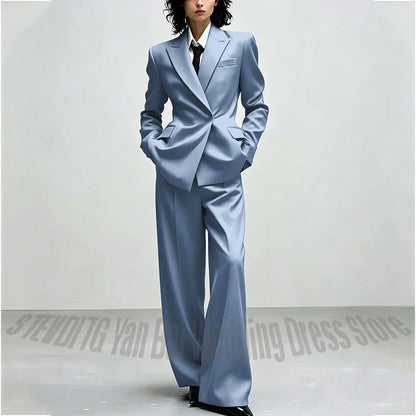 Casual Women Suit Trendy Solid Black Long Sleeve Lapel Straight Fashion Jacket Pants All-Match Shopping Street Style Daily Wear