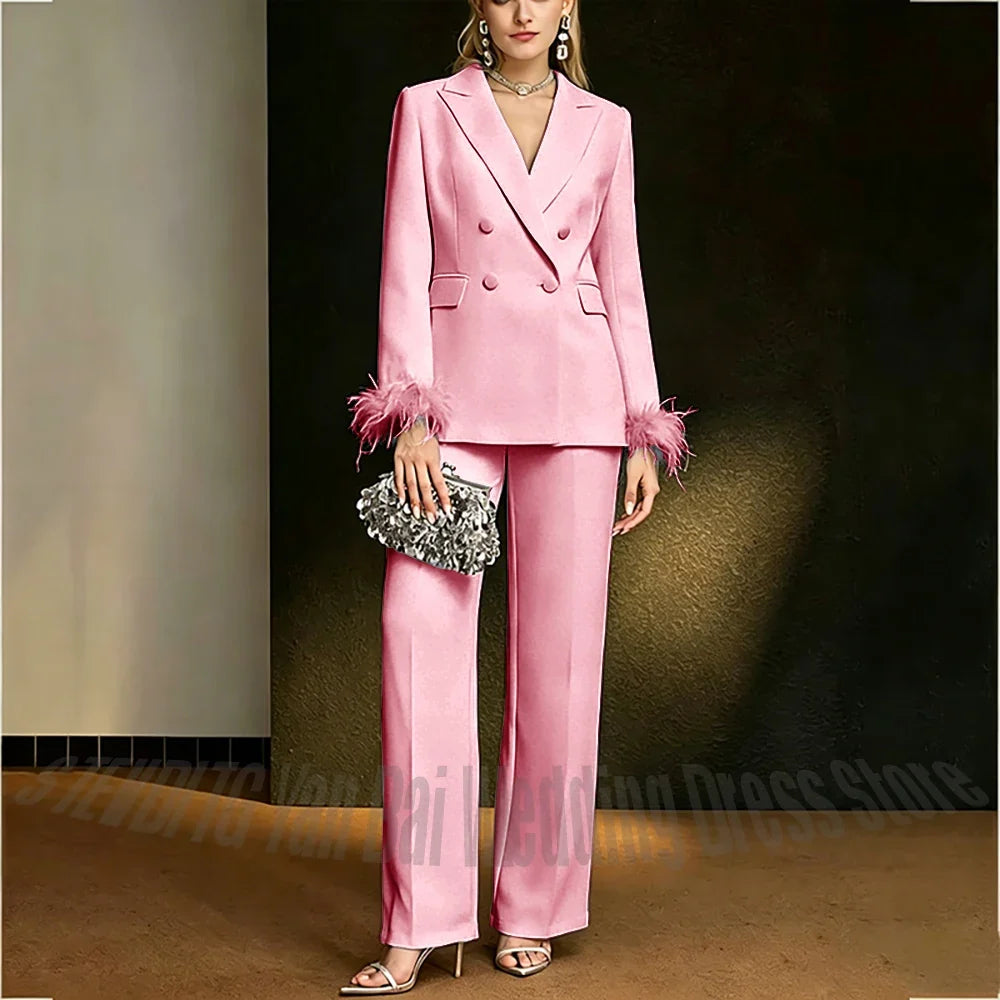 Luxury White Feather Women's Suit Elegant Classic Double Breasted Jacket Pants Formal Evening Party Wedding Guest Outfit