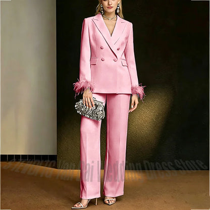 Luxury White Feather Women's Suit Elegant Classic Double Breasted Jacket Pants Formal Evening Party Wedding Guest Outfit