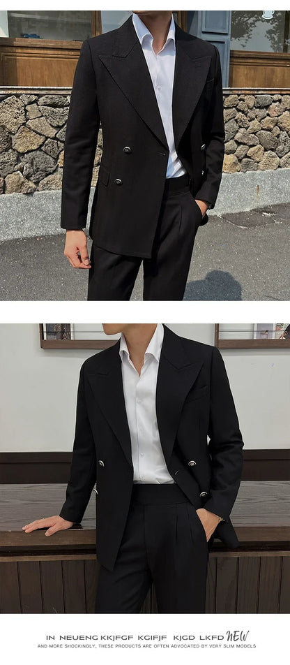 (Jackets+Pant)Fashion Double Breasted Design Men Suit Italian Style Luxury Elegant Business Social Wedding Dress Thick Suit 2Pcs