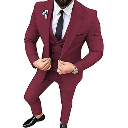 Beige Men's Suits Groom Tuxedos Slim Fit Business Casual Peak Lapel 3 Piece Suit Set Costume Homme (jacket+pants+vest)