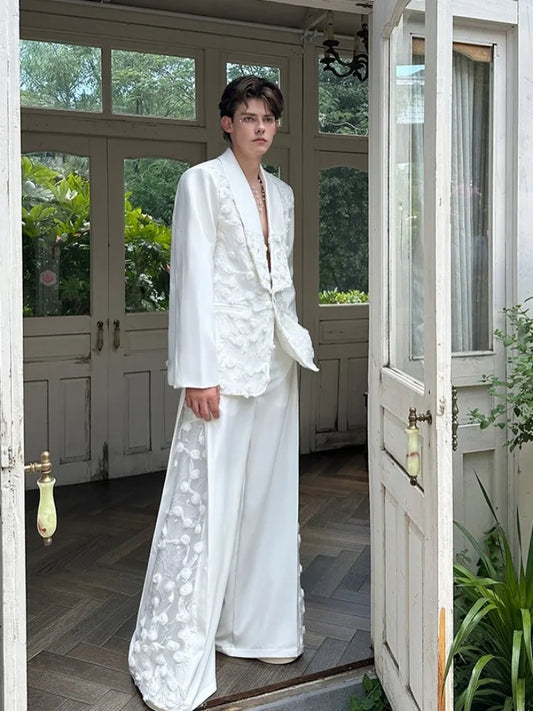 Mens Spliced Flowers Suit Jacket Wide Leg Pants Two Piece Set Loose Fit Spring Summer Designer Elegant Fashion Banquet Suits Set