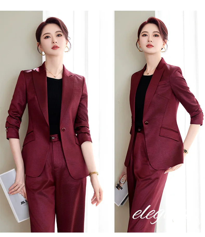 High Quality Women Purplish Red Pant Suit Female Solid Single Button Blazer and Trouser 2 Piece Set For Office Ladies Work Wear