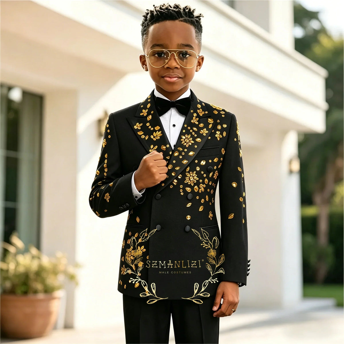 Boy's Suits 2 Pieces Black Beads Crystals Slim Fit Double Breasted Boy's Outfit Wedding Party Flower Children Sets（Blazer+Pants)