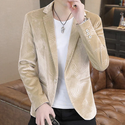 Men's Slim Fit Velvet Blazer – Bamboo Leaf Print Smart Casual Suit Jacket
