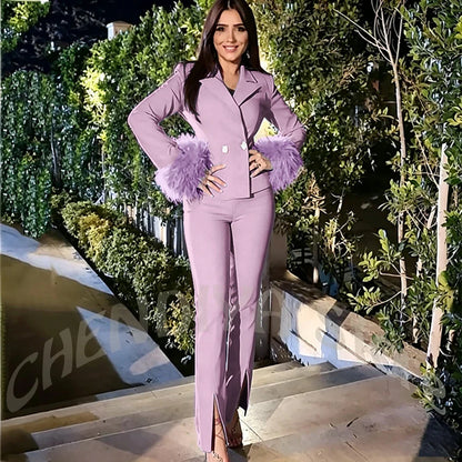 Luxury Feather Women's Suit Sim Fit Peak Lapel Jacket Pants with Split Fashion Outfit for Office Lady Party Business Wear