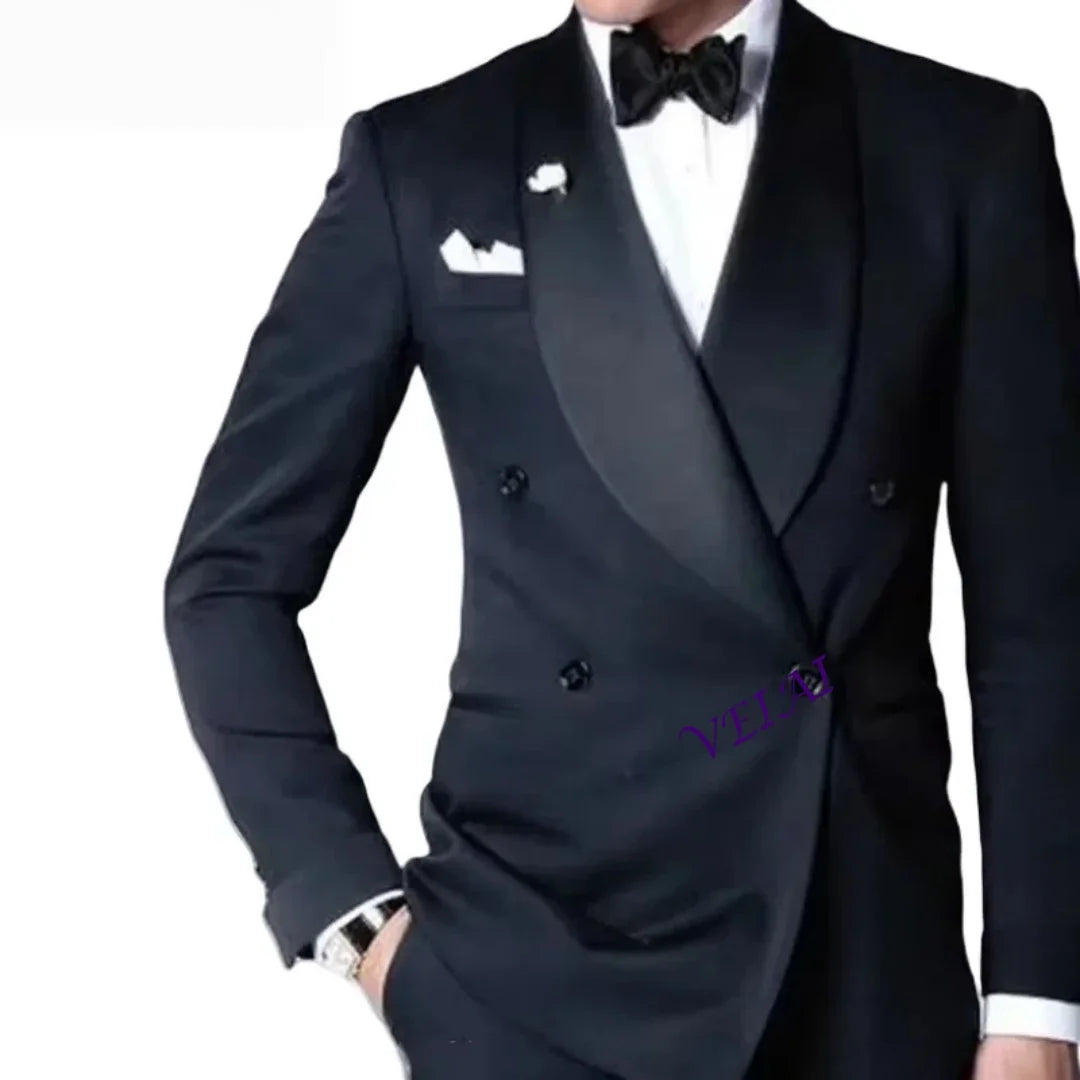 Premium Navy Blue Custom Tailored Wedding Suit for Men 2-Piece Double-Breasted Peak Lapel Blazer & Pants Groom Tuxedo