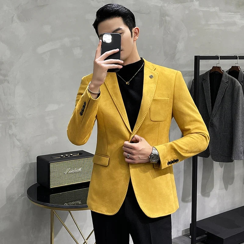 2023 Spring Suede Suit Jacket Men Casual Business Slim Fit Blazer Deerskin Leather Jacket Men Wedding Street Wear Social Coat