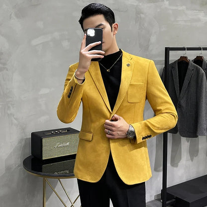 2023 Spring Suede Suit Jacket Men Casual Business Slim Fit Blazer Deerskin Leather Jacket Men Wedding Street Wear Social Coat