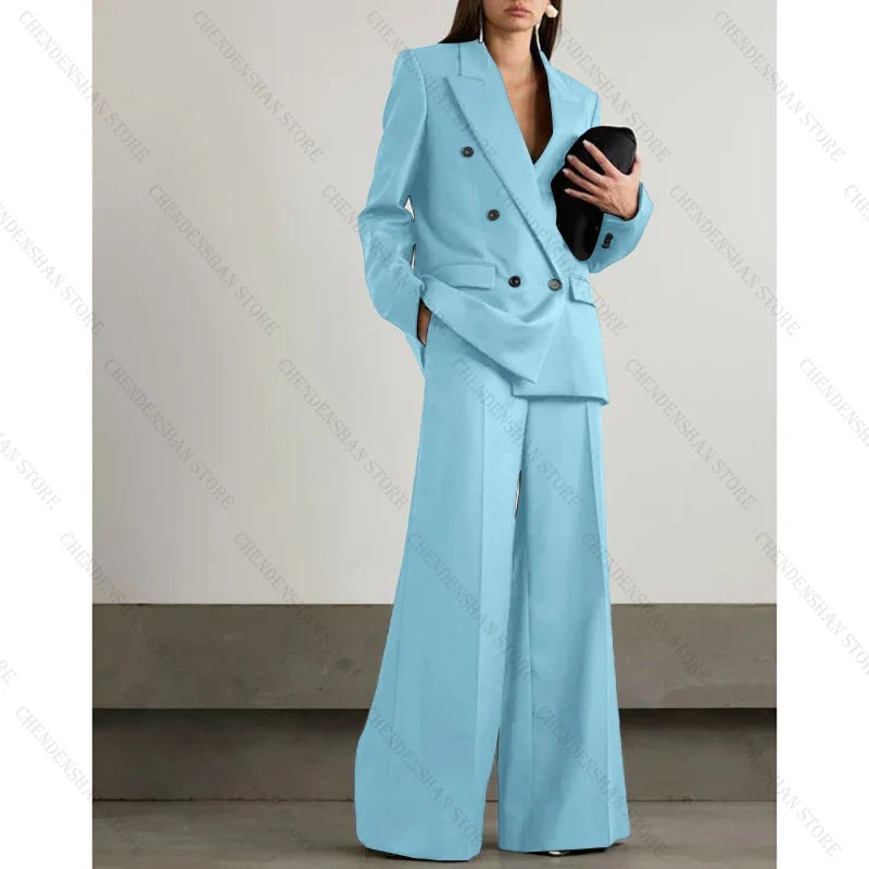 Chic Loose Dark Brown Double Breasted Women Pants Set High-end Female Two Pieces(Jacket+Trousers)أطقم بناطيل