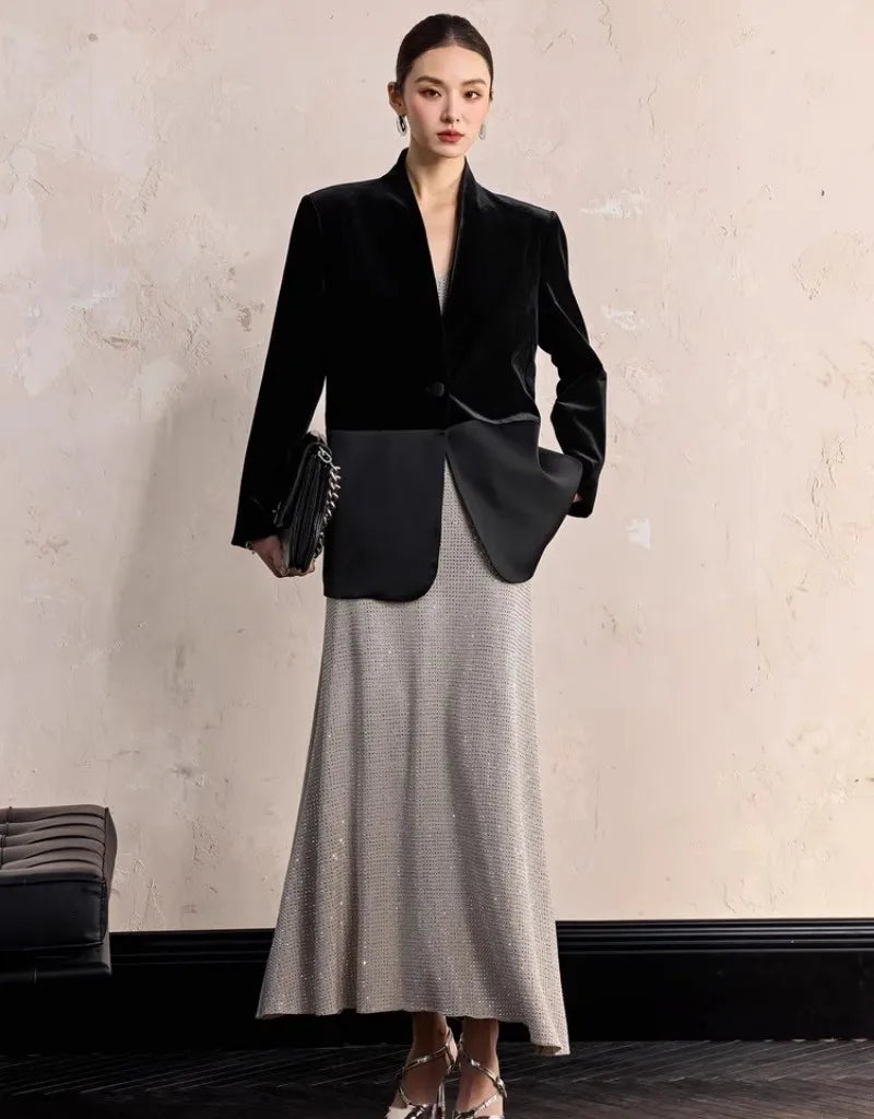 One Button Velvet Spliced Women Blazers Contrast Color Suit Jacket V-Neck Work Lady Loose Fit Outerwear Long Sleeve Autumn Coat