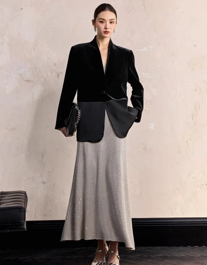 One Button Velvet Spliced Women Blazers Contrast Color Suit Jacket V-Neck Work Lady Loose Fit Outerwear Long Sleeve Autumn Coat
