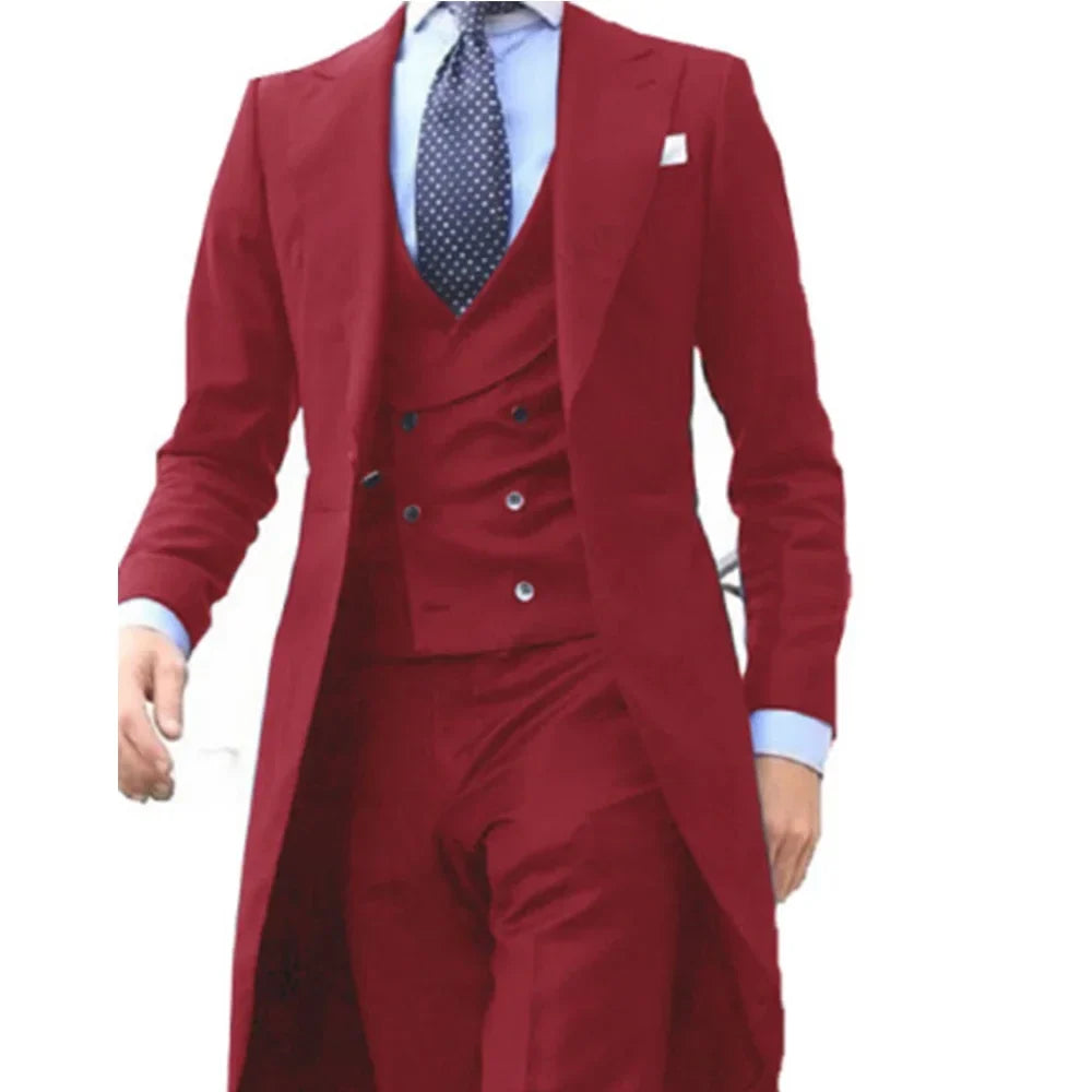 New Arrivel Long Coat Designs Chinese Red Men Suits Gentle Tuxedo Prom Blazer Custom 3 Pieces (Jacket+Vest+Pants)