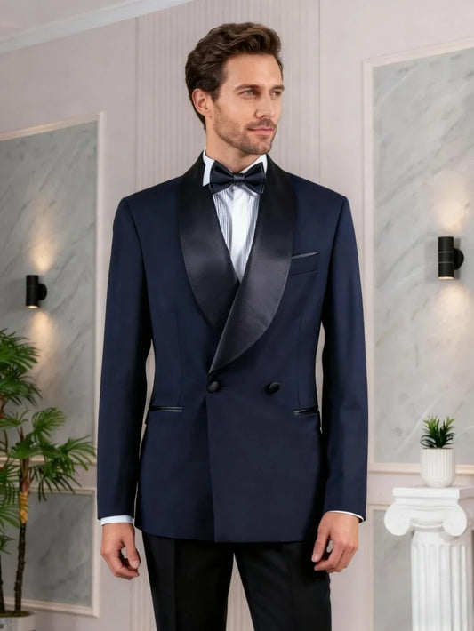 Navy Blue Double Breasted Suit Set 2 Pieces For Men Handsome Elegant Shawl Lapel Suits Business Outfit,Slim Fit Tuxedo XS-6XL