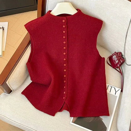 Autumn Winter Ladies Solid Color Knitting Vest Coat Korean Female high-end Stand Collar Sweater Women Fashion Knitted Sleeveless