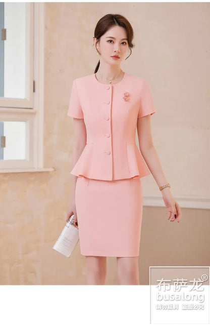 2025Summer Blue Short Sleeve Blazer Suit Professional Women's Skirt Set Short Skirt Elegant Fashion Formal Workwear