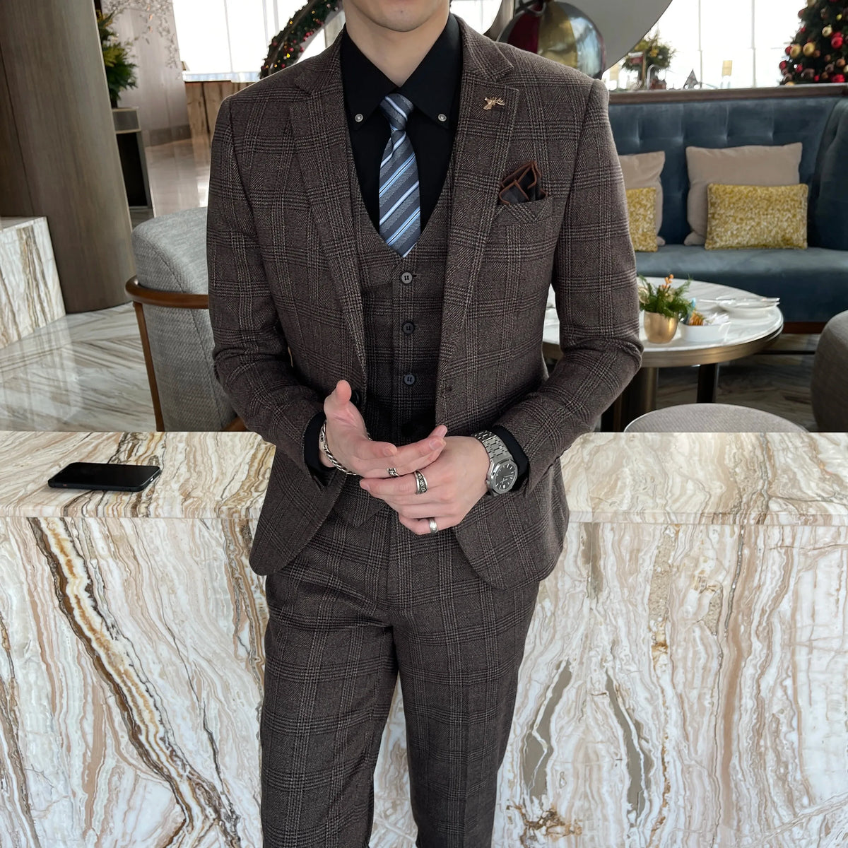 British Korean Style High Quality Modified Plaid Three-Piece Suit for Men - Stylish Business Casual Suit Vest And Trousers Set