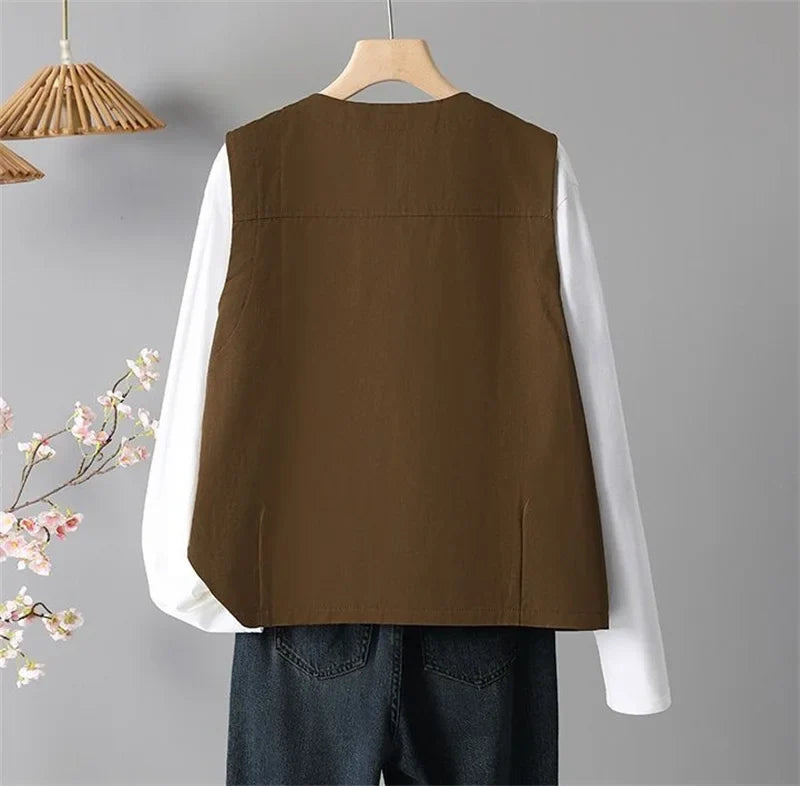 Spring Femme Fashion Vest Outwear Retro Ladies Solid Color Casual Sleeveless Jacket Autumn Women Round Neck Loose Waistcoat Coat