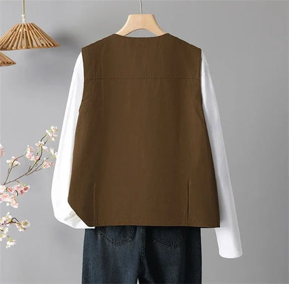Spring Femme Fashion Vest Outwear Retro Ladies Solid Color Casual Sleeveless Jacket Autumn Women Round Neck Loose Waistcoat Coat
