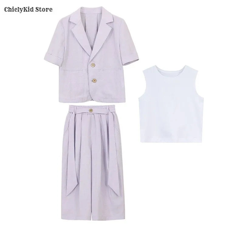 Boys Solid Short Sleeves Blazer Jack Vest Pants Children Suit Waistcoat Wedding Clothes Sets Toddler Formal Dress Kids Tuxedos
