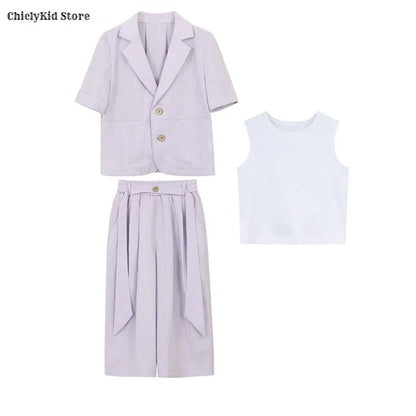 Boys Solid Short Sleeves Blazer Jack Vest Pants Children Suit Waistcoat Wedding Clothes Sets Toddler Formal Dress Kids Tuxedos