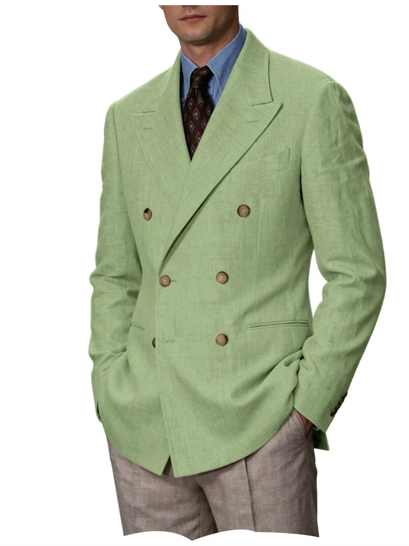 Men Linen Blazer Double Breasted Jacket Lightweight Soft Slim Coat For Business Wedding Casual Daily Party Vacation Dating