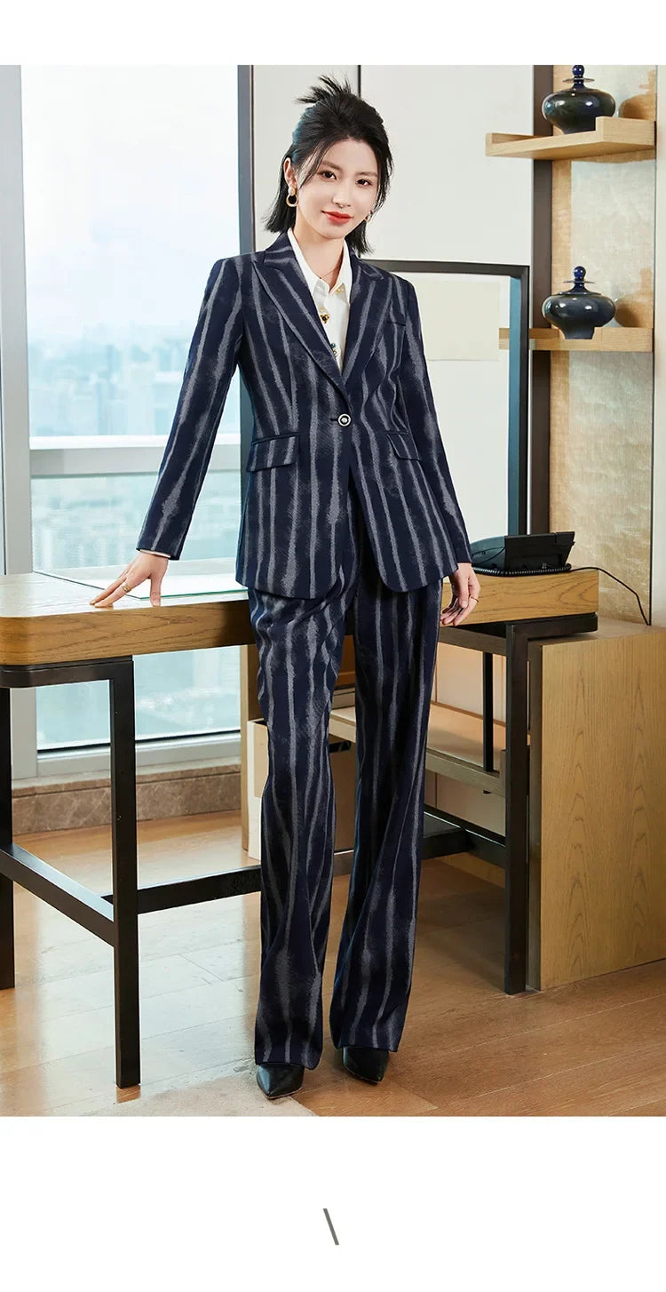 Fashion Autumn Winter Ladies Pant Suit Women Striped Female Business Work Wear Jacket Blazer and Trouser Formal 2 Piece Set