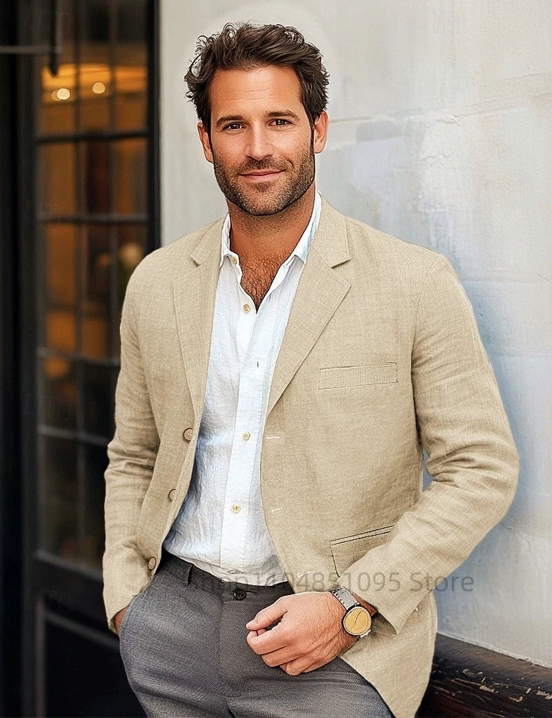 Beige Men Suit Linen Blazers Jackets Wedding Casual Suit Designer Coats New Spring Summer Formal Wear Slim Fit Daily Blazers