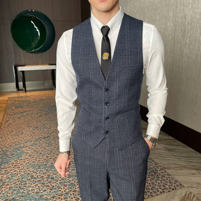 Ensemble costume trois pièces à carreaux modifié de haute qualité de style coréen britannique pour hommes - Gilet et pantalon de costume décontracté élégant