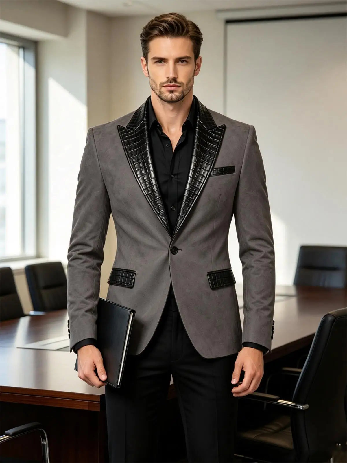 Men's Suede Slim Fit Blazer Jacket Crocodile Pattern Lapel Design Suit Coat Formal Business Prom Wedding Party Tuxedo Outerwear