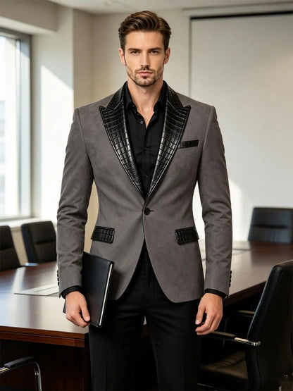 Men's Suede Slim Fit Blazer Jacket Crocodile Pattern Lapel Design Suit Coat Formal Business Prom Wedding Party Tuxedo Outerwear