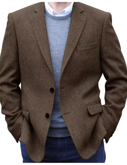 Men's Brown Herringbone Tweed Blazer Single Breasted Notch Lapel Jacket Prom Tuxedo Woolen Suit Coat for Office Business Wedding