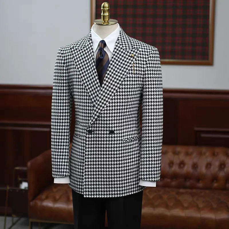 Plaid Houndstooth Men Suits Jacket With Belt Elegant Peaked Lapel Double Breasted Party Prom Blazer One Piecs For Formal Evening