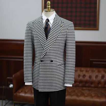 Plaid Houndstooth Men Suits Jacket With Belt Elegant Peaked Lapel Double Breasted Party Prom Blazer One Piecs For Formal Evening