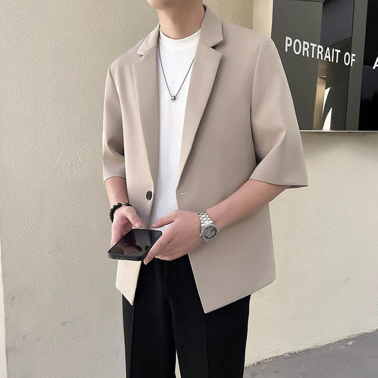 Men's Short Sleeve Blazer Casual Summer Suit Jacket Light Khaki