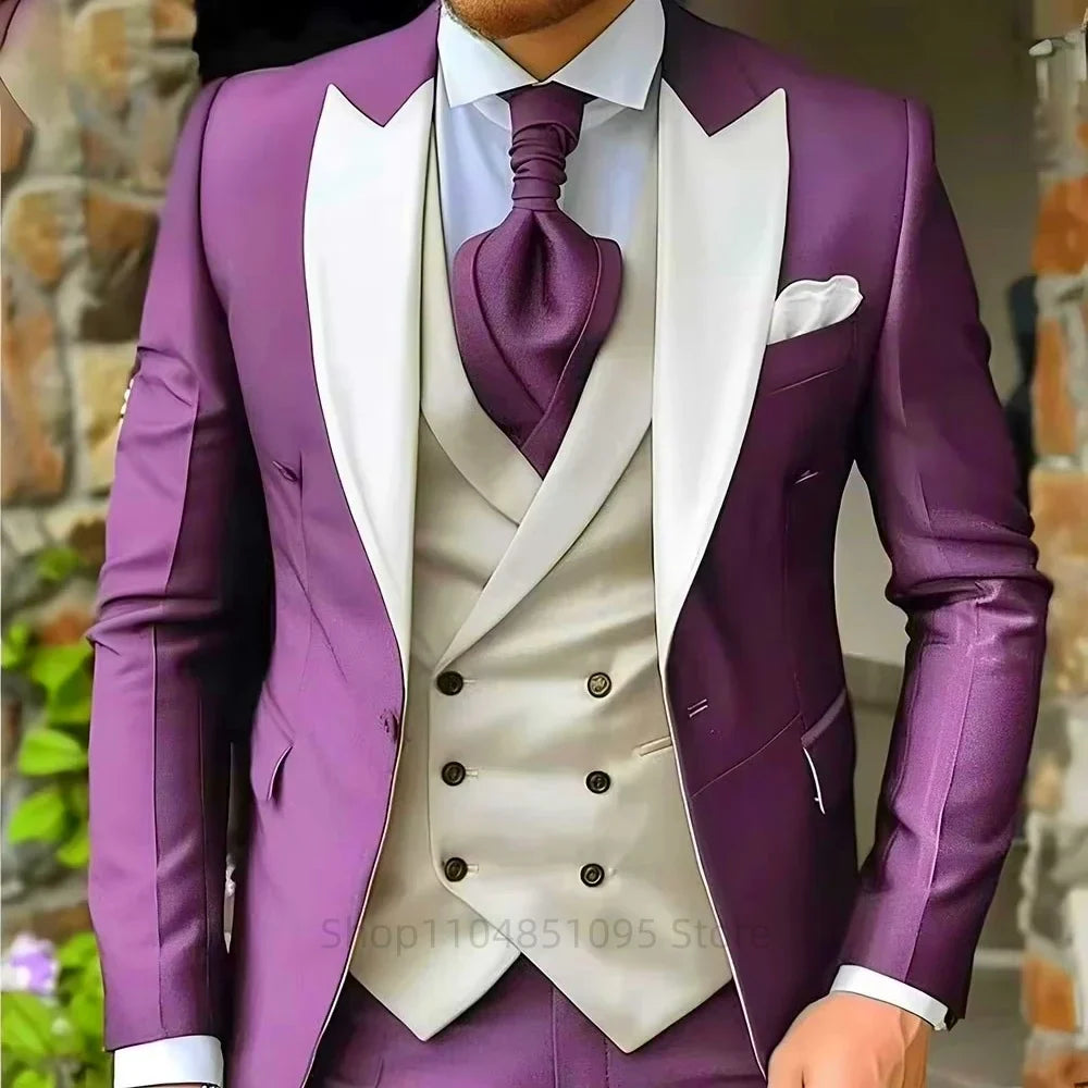 Costumes roses pour hommes Élégant smoking de marié à revers pointu Veste 3 pièces Gilet et pantalon Ensemble de costume formel pour hommes pour affaires et bal de promo