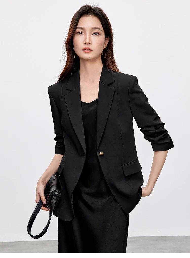 Women's Blazer 2026 Spring Fall Shoulder Pad Gathered Cuff Legant Draped Office Ladies Jackets Woman Clothes 151X57670