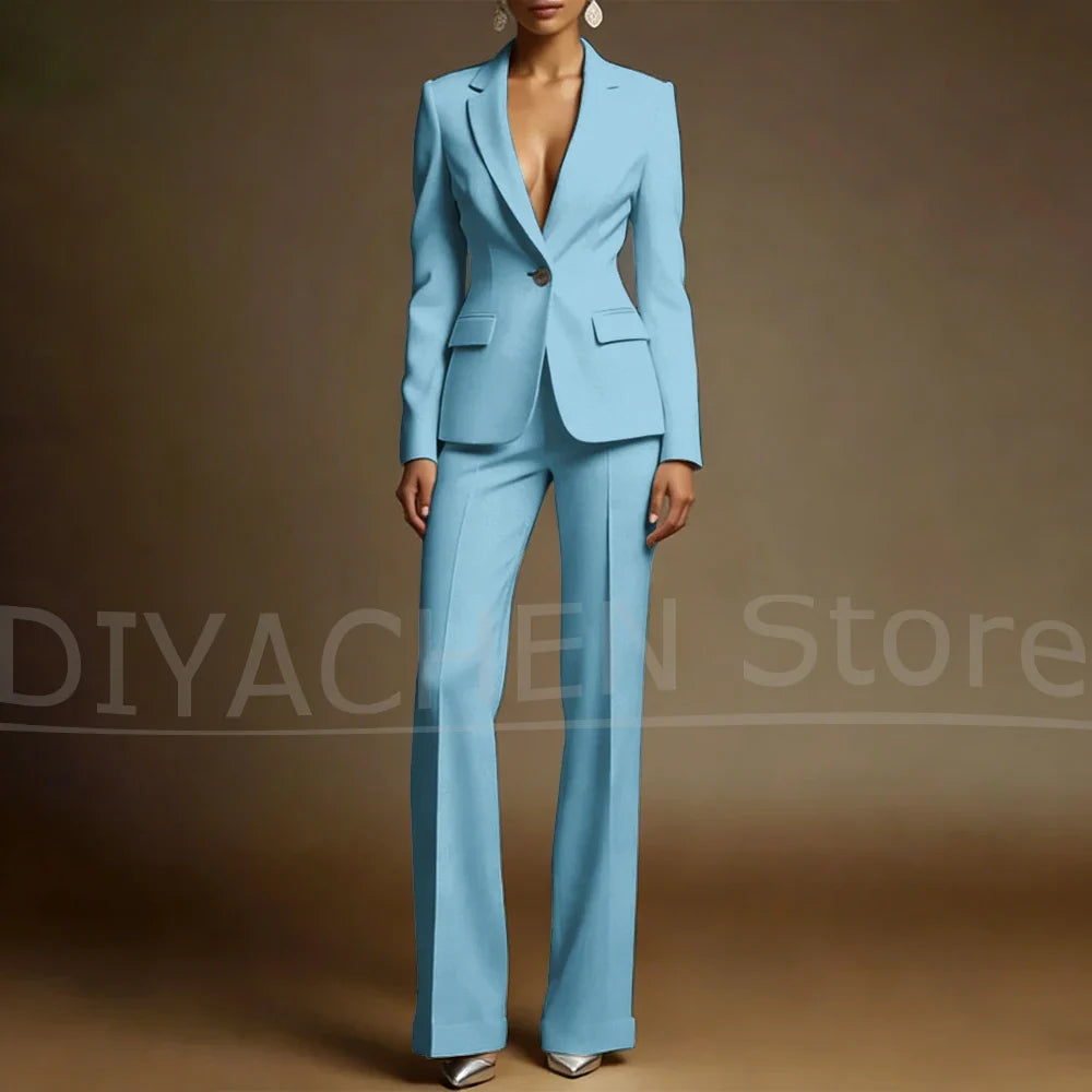 Women's White Suit Set Slim Fit Two Piece Jacket and Wide Leg Pants Office Casual Formal Occasions Elegant Female Outfit