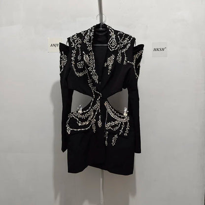 Sexy Stylish Coats 2025 Spring Autumn New Women Diamonds Nail Bead Heavy Waist Exposed High Sense Long Sleeve Blazer HK3760