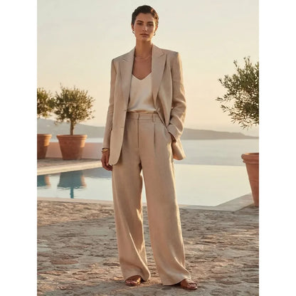Beige Linen Blend Women's 2 Piece Pants Suit Casual Formal Business Office Wear Modest Blazer Wide Leg Trousers Set Customized
