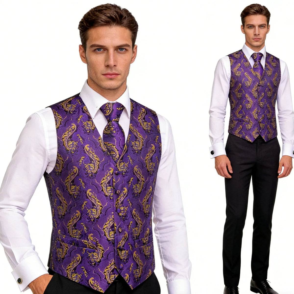 Men's Jacquard Floral Waistcoat Set with Tie, Pocket Square & Cufflinks – Purple Paisley, Wedding & Business