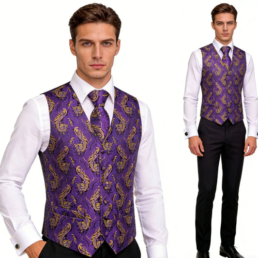 Men's Jacquard Floral Waistcoat Set with Tie, Pocket Square & Cufflinks – Purple Paisley, Wedding & Business