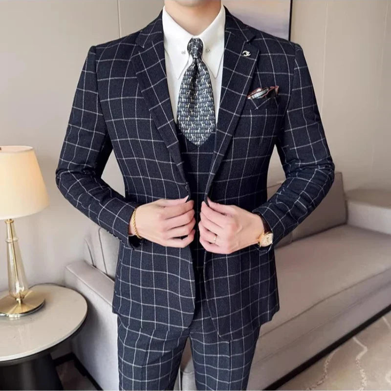 Men's 3-Piece Slim Fit Plaid Suit – Jacket, Vest & Pants for Weddings, Office & Formal Occasions