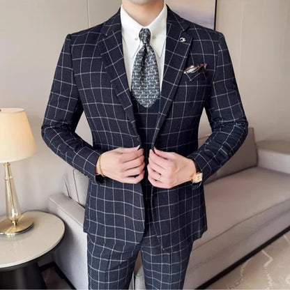 Men's 3-Piece Slim Fit Plaid Suit – Jacket, Vest & Pants for Weddings, Office & Formal Occasions