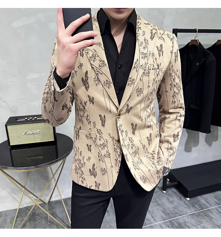 High-end Luxury Printed Slim Fit Suit Jacket For Men 2024 Autumn New Fashion Social Party Casual Suit Coat Swallowtail 4XL-M