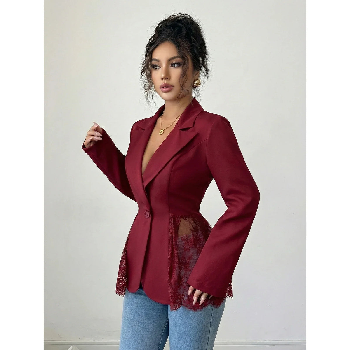 Elegant Style Women's Suit Jacket A-Line Silhouette Lace Waist Color Block Autumn New Arrival Fashion Outerwear